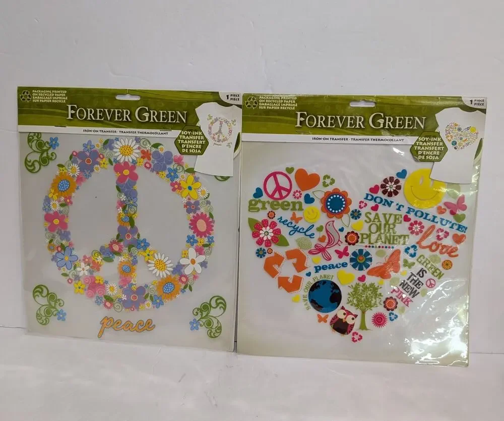 Forever Green Iron On Transfers Floral Peace Sign Eco Heart Craft NIP Lot of 2